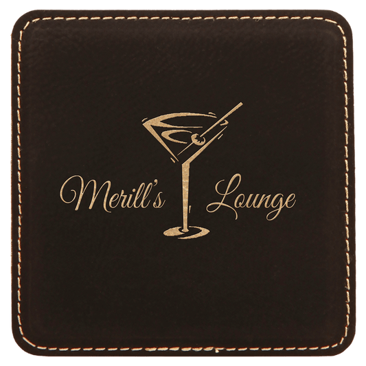4" x 4" Square Black/Gold Laserable Leatherette Coaster
