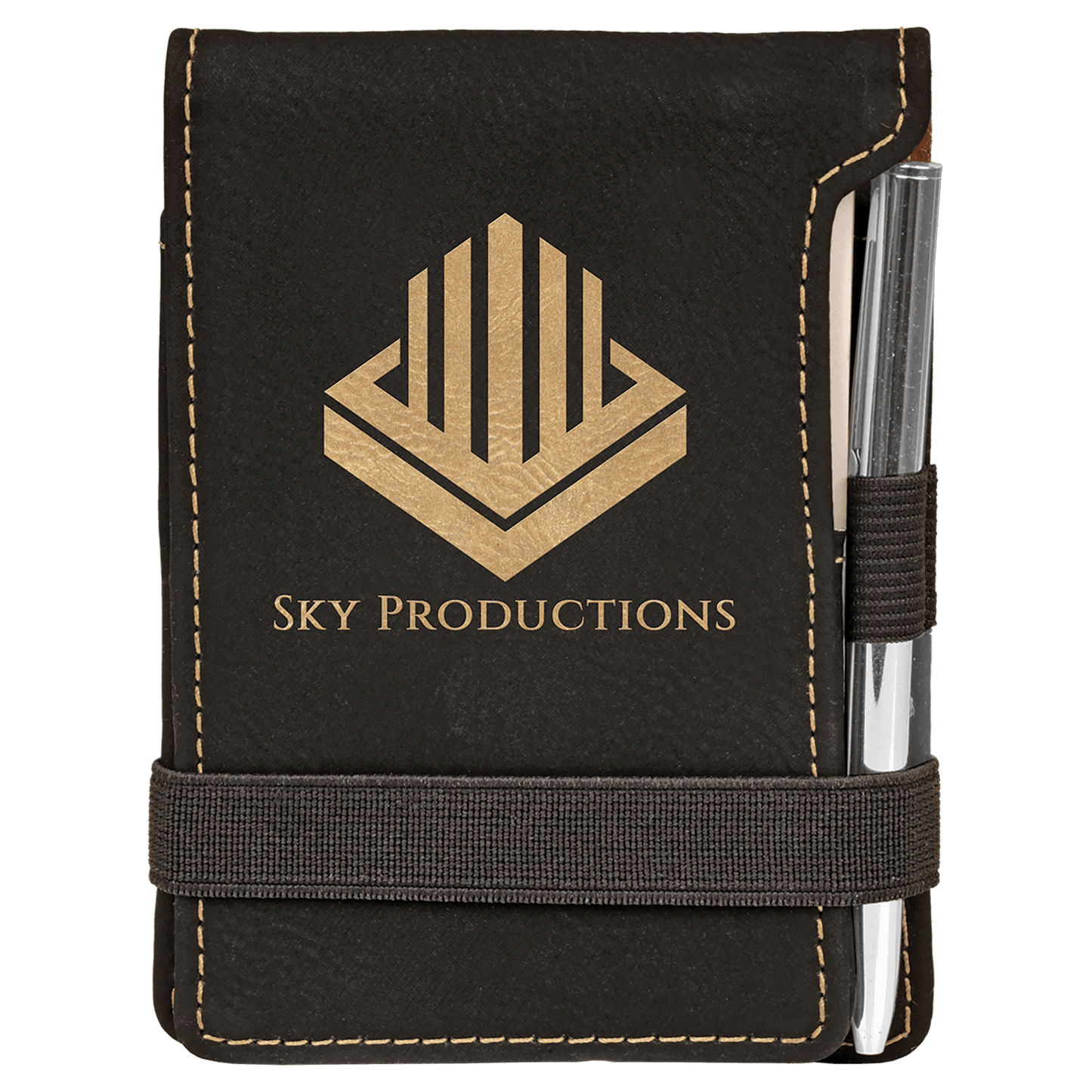 Black/Gold Engravable Leatherette Mini Notepad with Pen - 3 1/4" x 4 3/4"