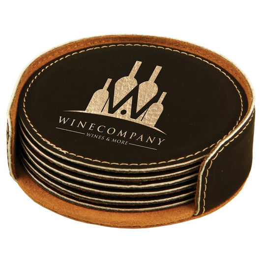 Black/Gold Round Engravable Leatherette 6-Coaster Set - 4"