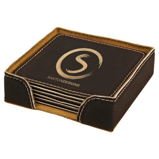 Black/Gold Square Engravable Leatherette 6-Coaster Set - 4" x 4"