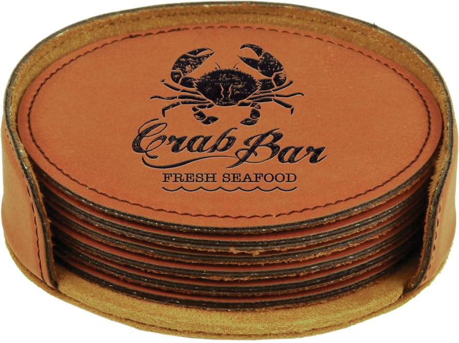 Rawhide Round Engravable Leatherette 6-Coaster Set - 4"