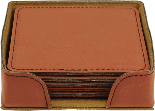 Rawhide Square Engravable Leatherette 6-Coaster Set - 4" x 4"