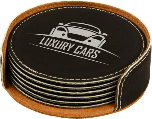 Black/Silver Round Engravable Leatherette 6-Coaster Set - 4"
