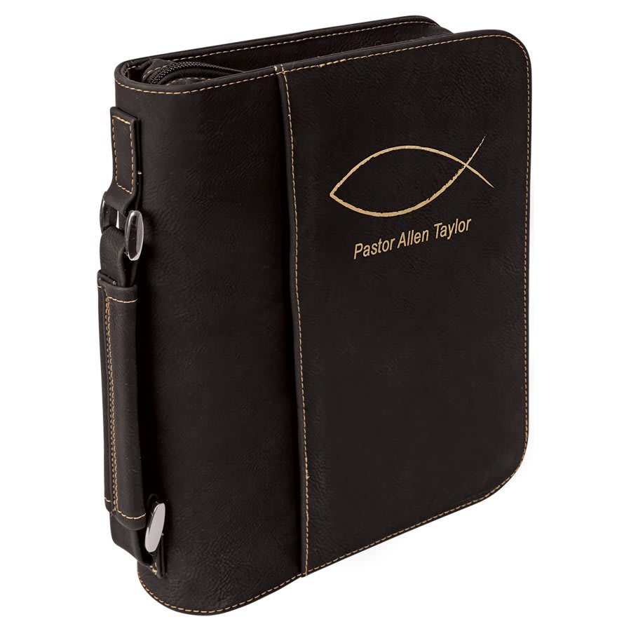 Black/Gold Leatherette Book/Bible Cover with Handle & Zipper - 7 1/2" x 10 3/4"