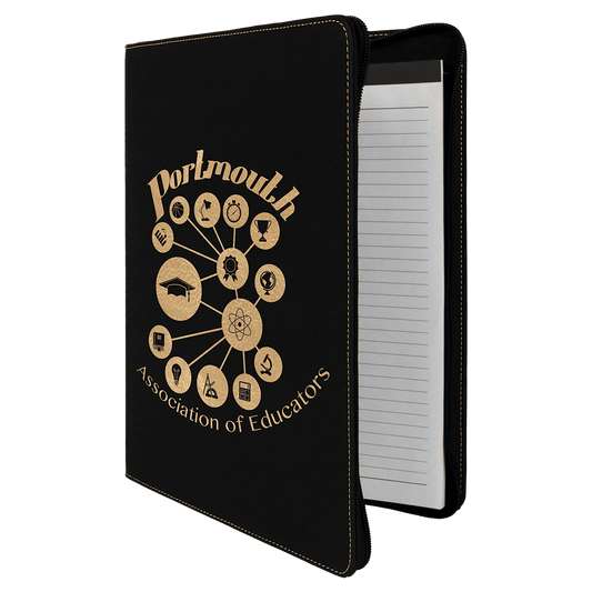 Black/Gold with Zipper Engravable Leatherette Portfolio with Notepad - 9 1/2" x 12"