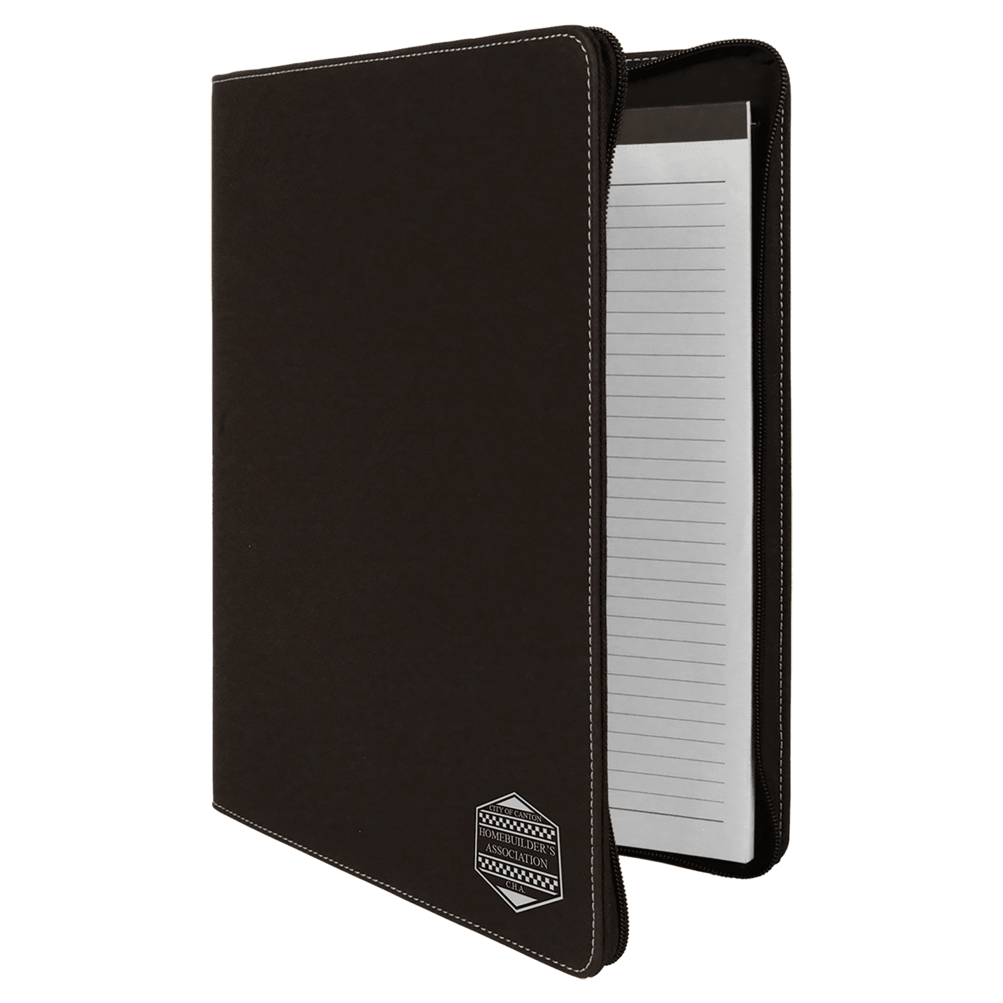Black/Silver w/ Zipper Engravable Leatherette Portfolio with Notepad - 9 1/2" x 12"