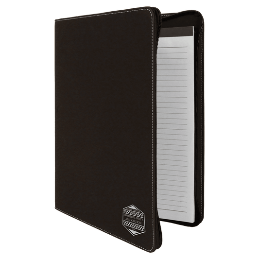 Black/Silver w/ Zipper Engravable Leatherette Portfolio with Notepad - 9 1/2" x 12"