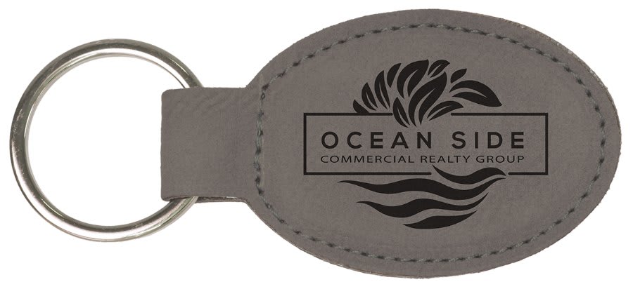 Gray Engravable Leatherette Oval Keychain - 3" x 1 3/4"