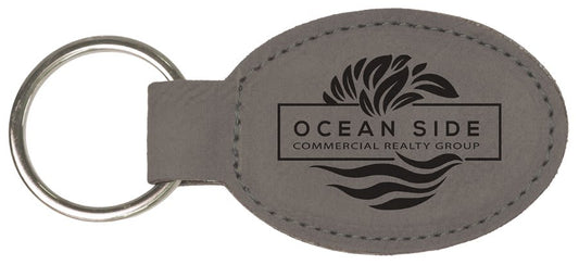 Gray Engravable Leatherette Oval Keychain - 3" x 1 3/4"