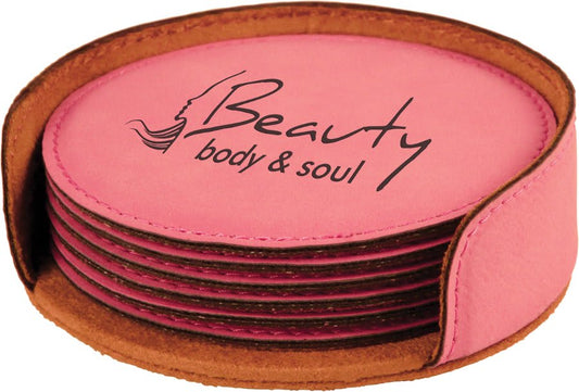 Pink Round Engravable Leatherette 6-Coaster Set - 4"
