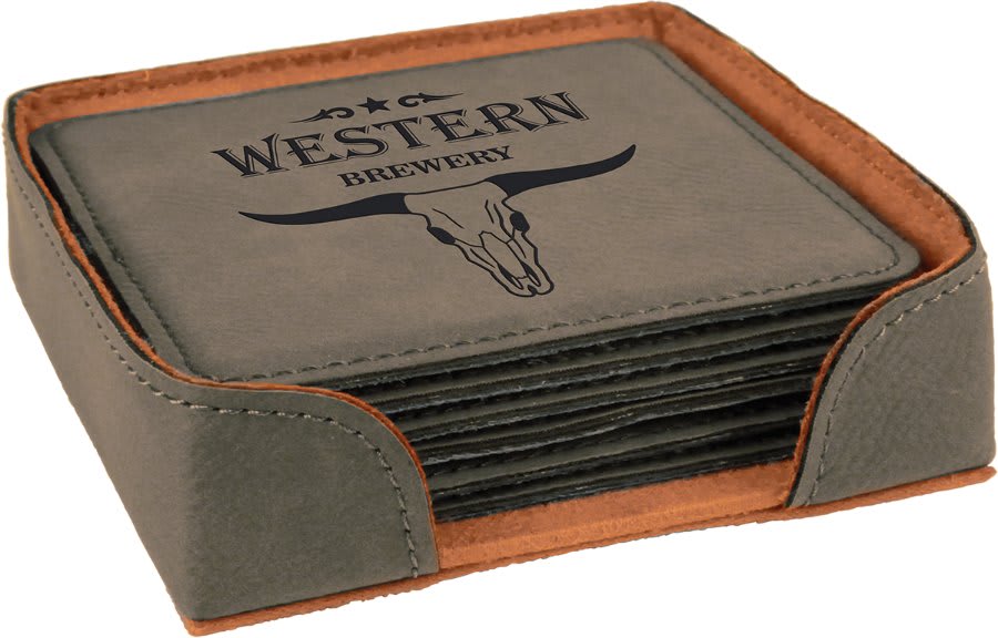 Gray Square Engravable Leatherette 6-Coaster Set - 4" x 4"