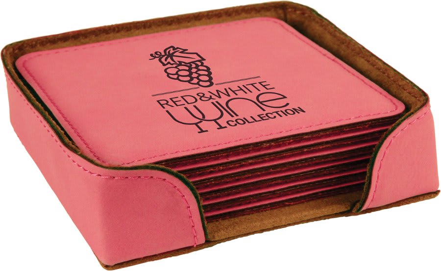 Pink Square Engravable Leatherette 6-Coaster Set - 4" x 4"