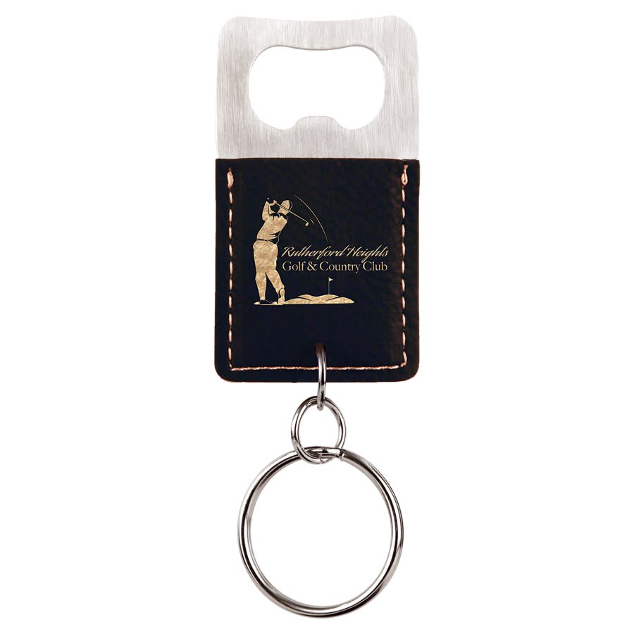 Rectangle Black/Gold Engravable Leatherette Bottle Opener Keychain
