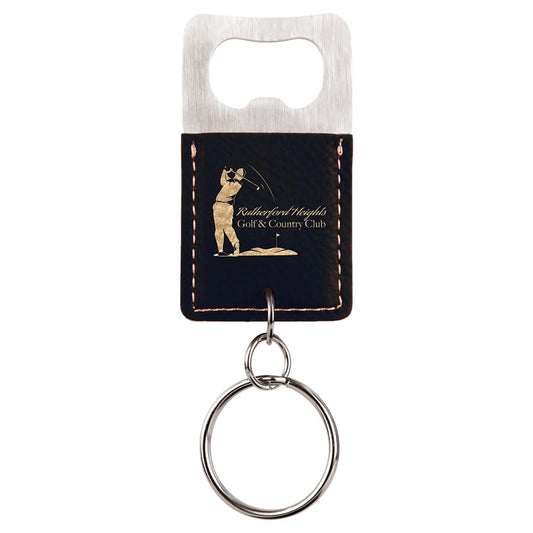 Rectangle Black/Gold Engravable Leatherette Bottle Opener Keychain
