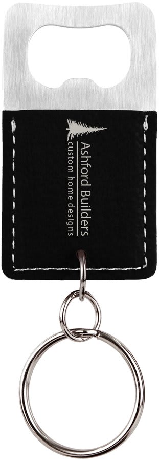 Rectangle Black/Silver Engravable Leatherette Bottle Opener Keychain