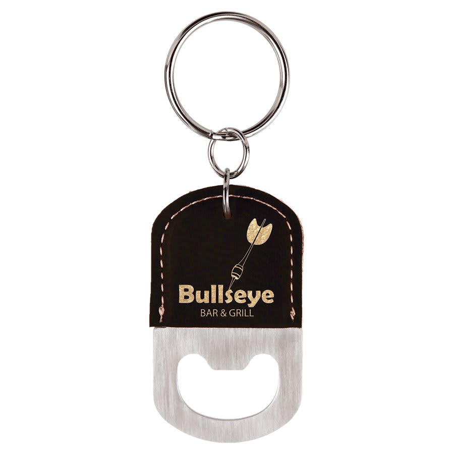 Oval Black/Gold Engravable Leatherette Bottle Opener Keychain