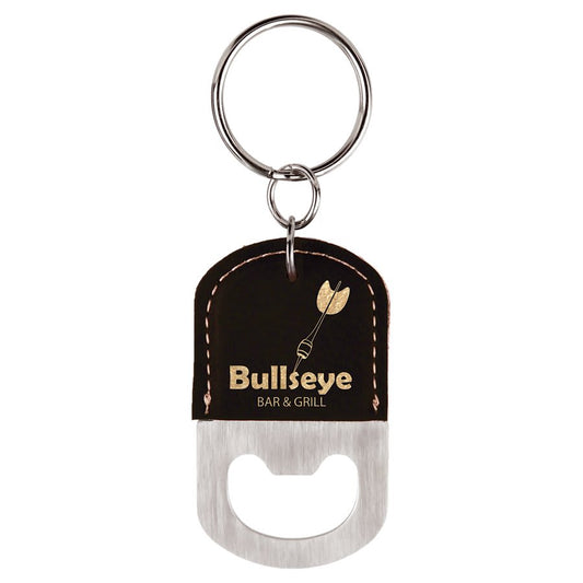 Oval Black/Gold Engravable Leatherette Bottle Opener Keychain