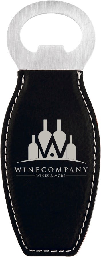Black/Silver Engravable Leatherette Bottle Opener with Magnet