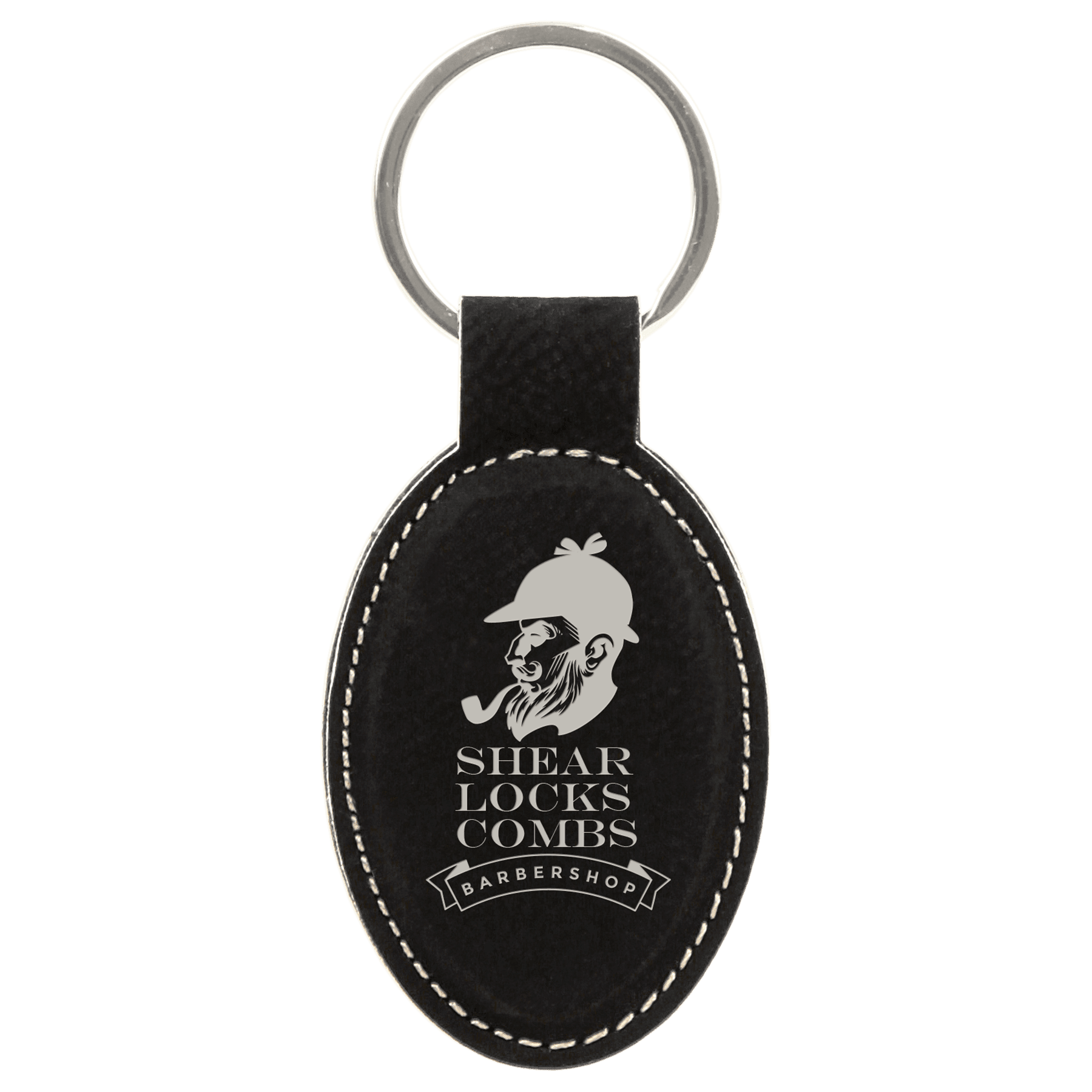 3" x 1 3/4" Black/Silver Laserable Leatherette Oval Keychain
