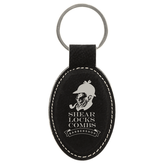 3" x 1 3/4" Black/Silver Laserable Leatherette Oval Keychain