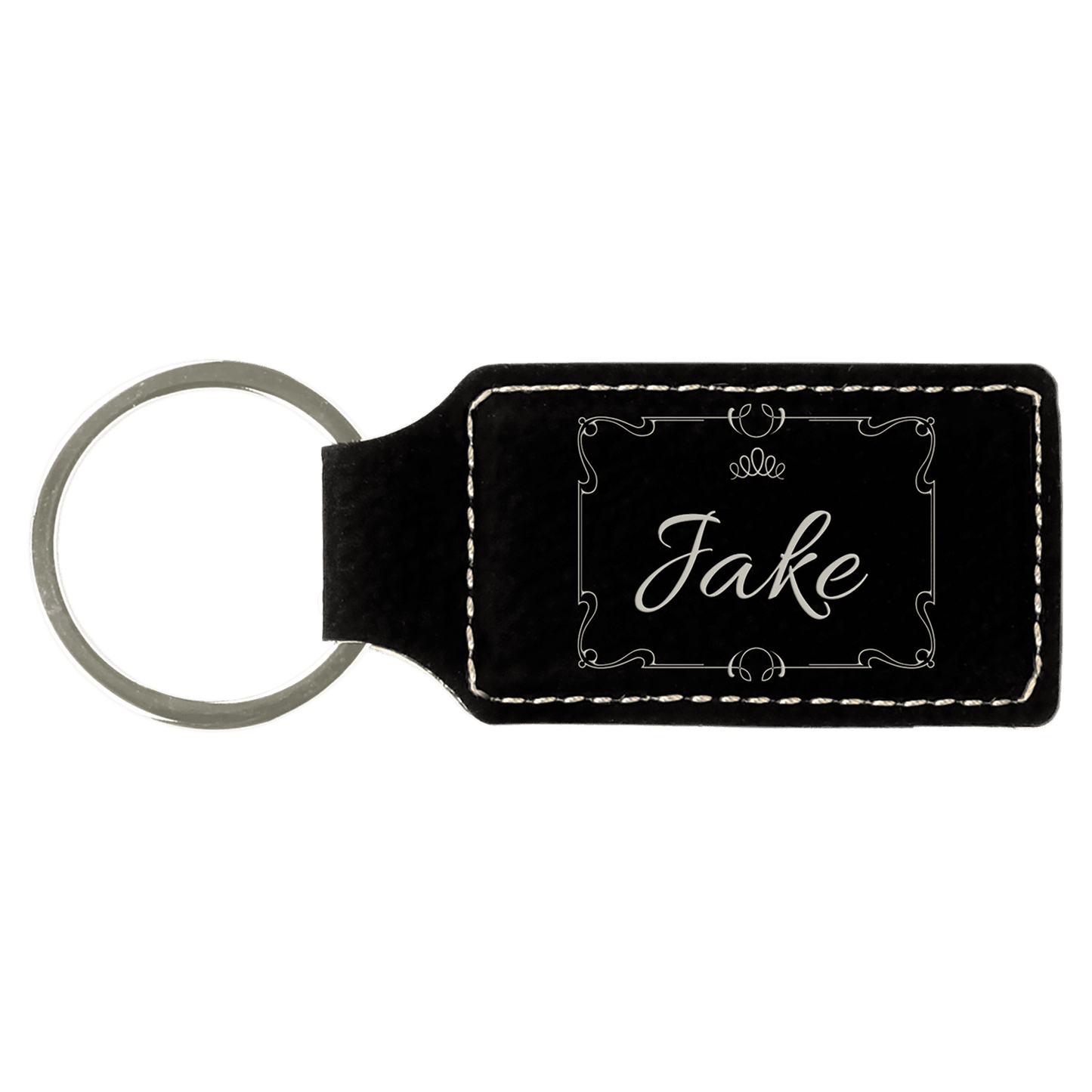 Black/Silver Engravable Leatherette Rectangle Keychain - 2 3/4" x 1 1/4"