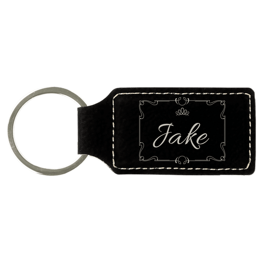 2 3/4" x 1 1/4" Black/Silver Laserable Leatherette Rectangle Keychain