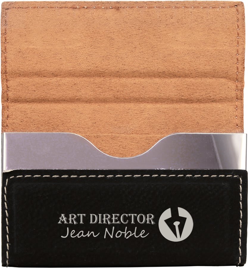3 3/4" x 2 3/4" Black/Silver Laserable Leatherette Hard Business Card Holder
