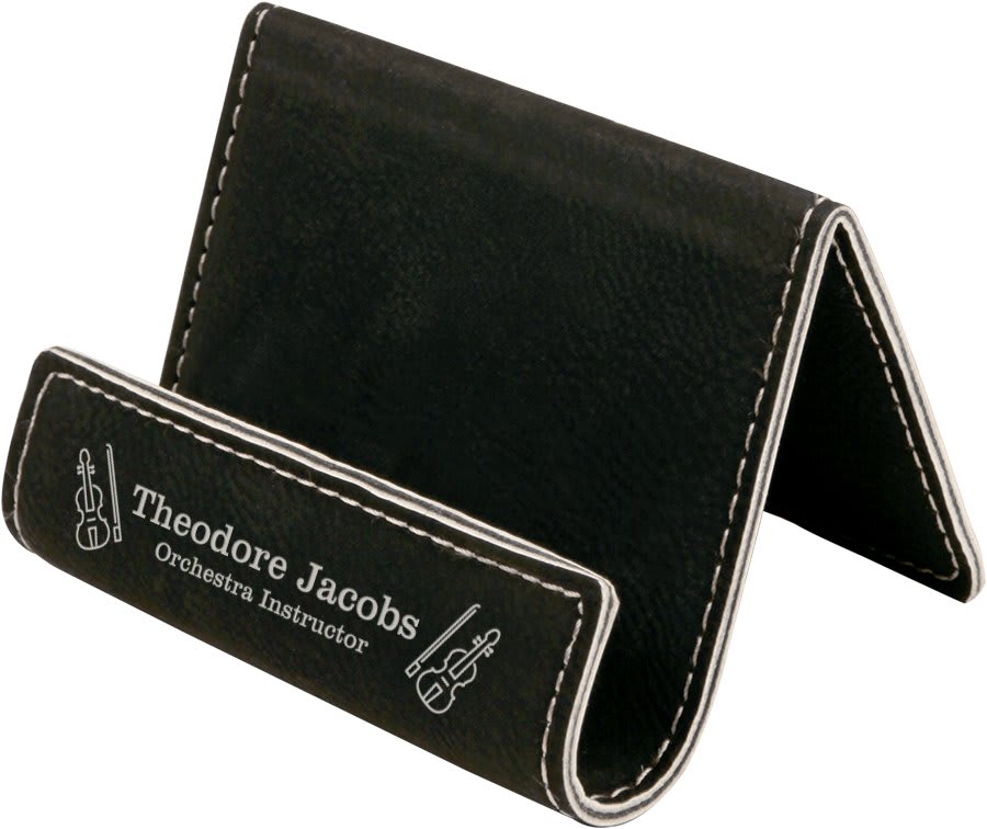 Black/Silver Engravable Leatherette Holder Easel - 3 1/2" x 2 1/2"