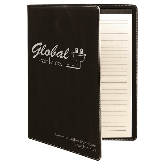 Black/Silver Engravable Leatherette Portfolio with Notepad - 9 1/2" x 12"