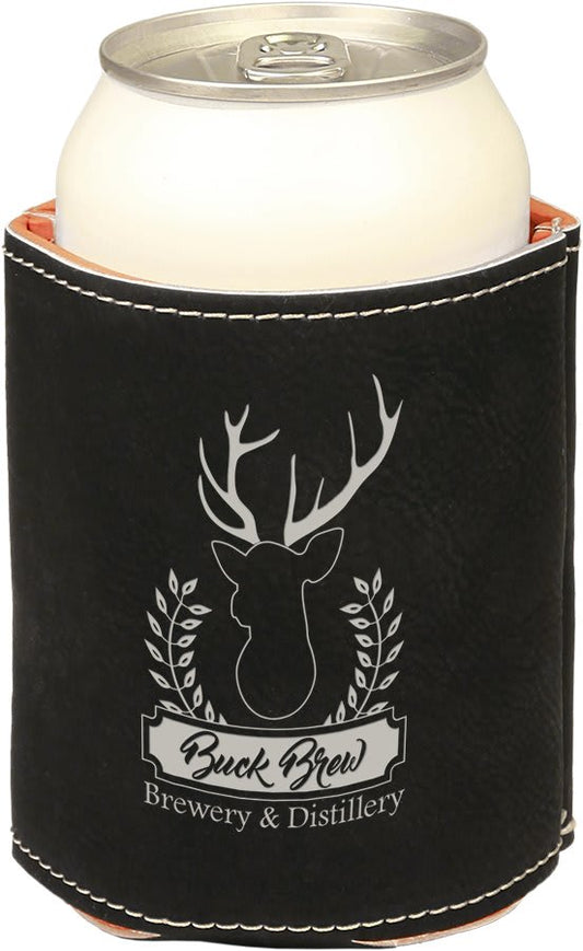 Black/Silver Engravable Leatherette Beverage Holder - 3 3/4"