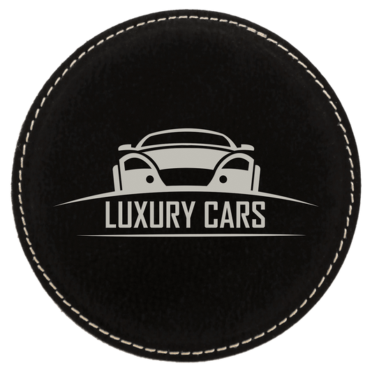 Round Black/Silver Engravable Leatherette Coaster - 4"