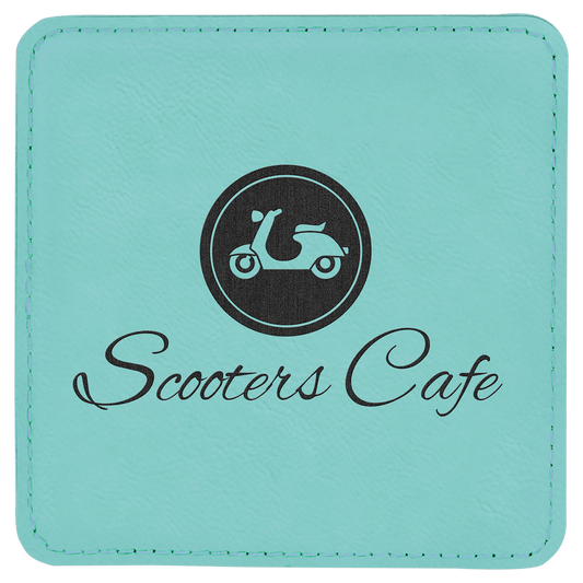 Square Teal Engravable Leatherette Coaster - 4" x 4"