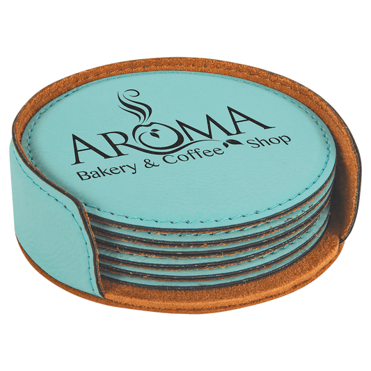 Teal Round Engravable Leatherette 6-Coaster Set - 4"