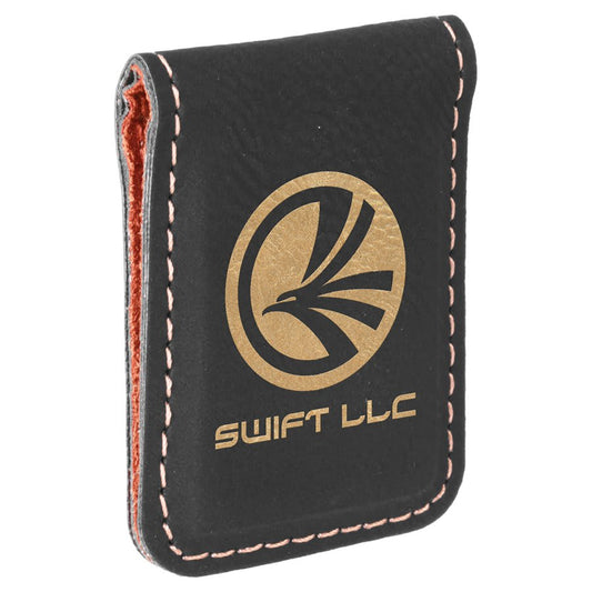 Black/Gold Engravable Leatherette Money Clip - 1 3/4" x 2 1/2"