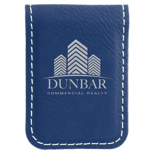 1 3/4" x 2 1/2" Blue/Silver Laserable Leatherette Money Clip