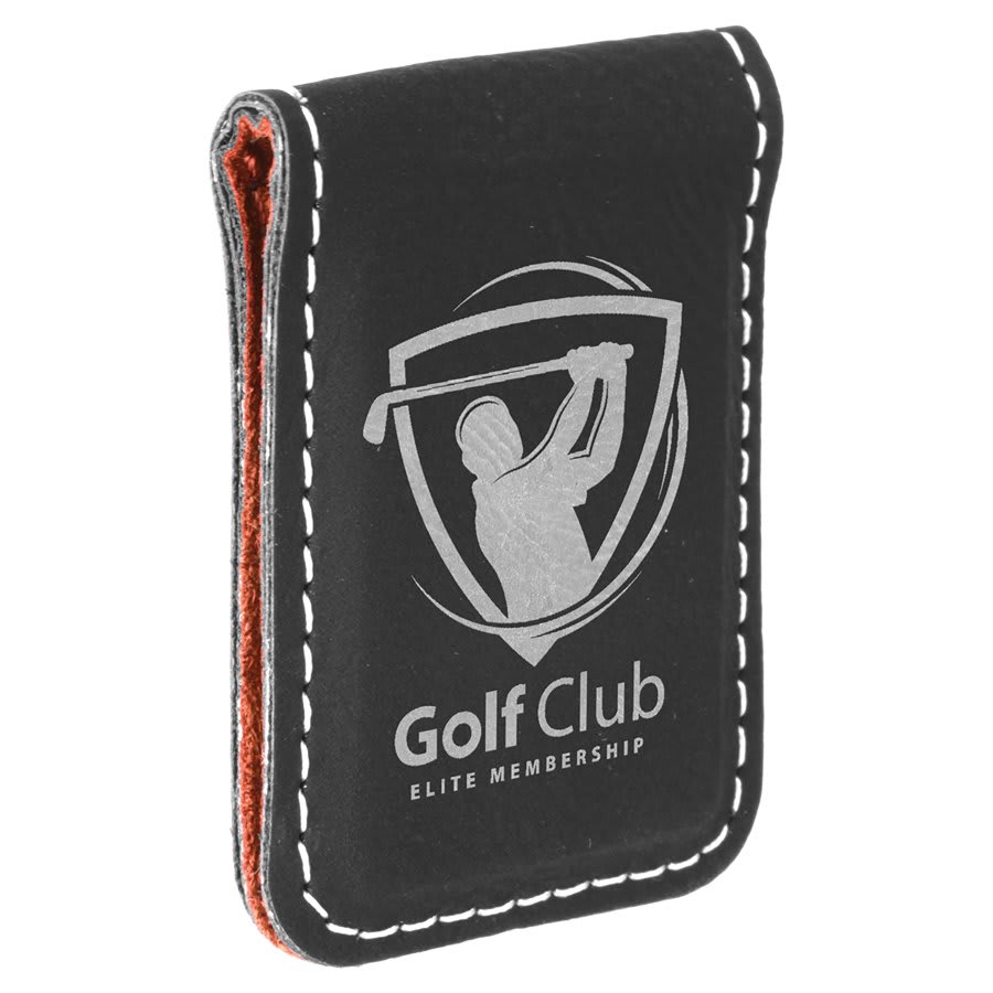 Black/Silver Engravable Leatherette Money Clip - 1 3/4" x 2 1/2"