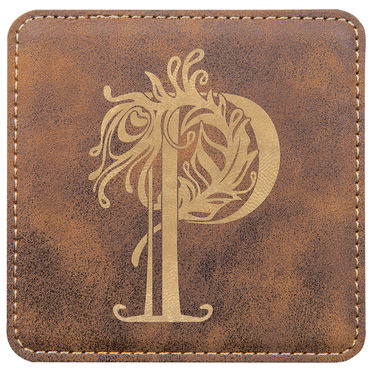 Square Rustic/Gold Engravable Leatherette Coaster - 4" x 4"