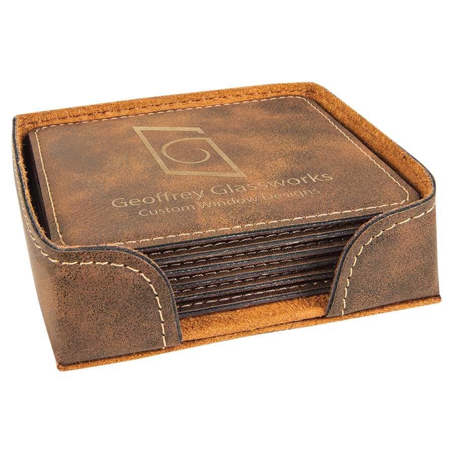 Rustic/Gold Square Engravable Leatherette 6-Coaster Set - 4" x 4"