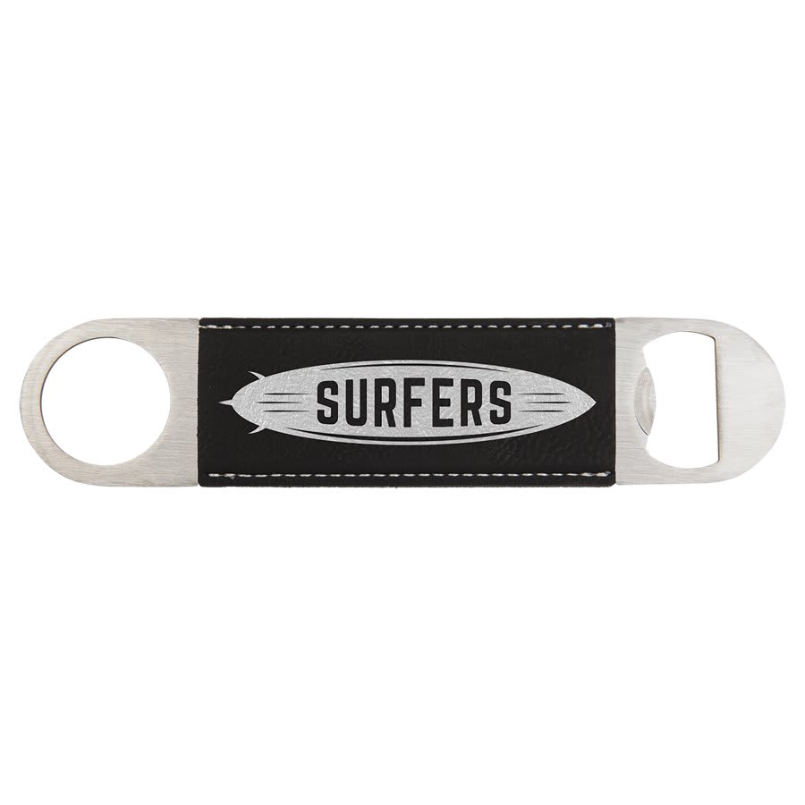Black/Silver Engravable Leatherette Bottle Opener - 1 1/2" x 7"