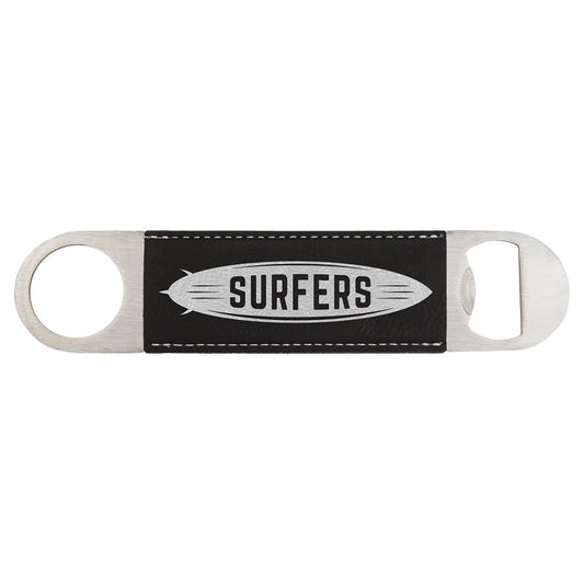 Black/Silver Engravable Leatherette Bottle Opener - 1 1/2" x 7"
