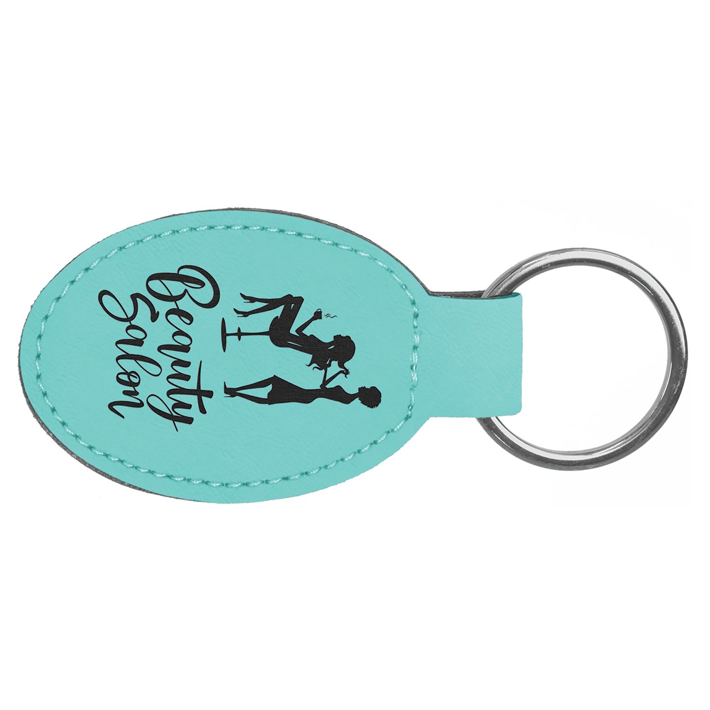 Teal Engravable Leatherette Oval Keychain - 3" x 1 3/4"