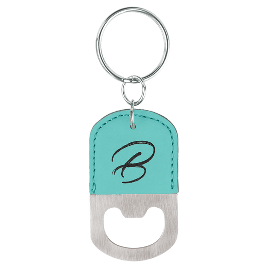Oval Teal Engravable Leatherette Bottle Opener Keychain