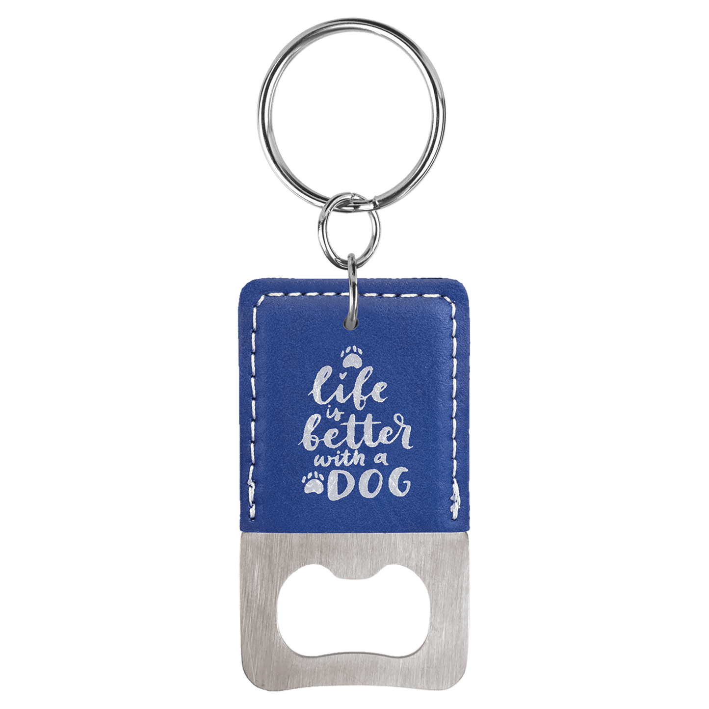 Rectangle Blue/Silver Engravable Leatherette Bottle Opener Keychain