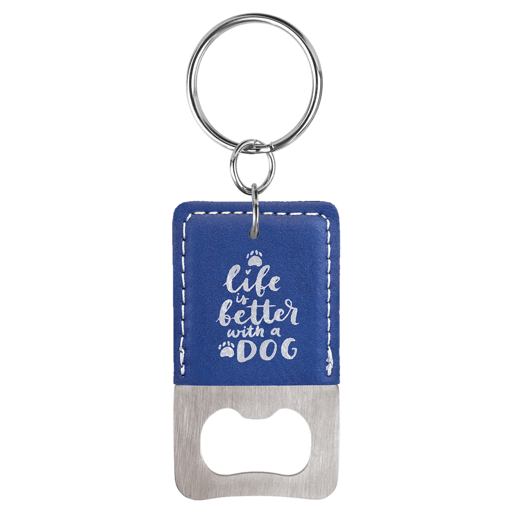 Rectangle Blue/Silver Engravable Leatherette Bottle Opener Keychain
