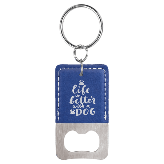 Rectangle Blue/Silver Laserable Leatherette Bottle Opener Keychain