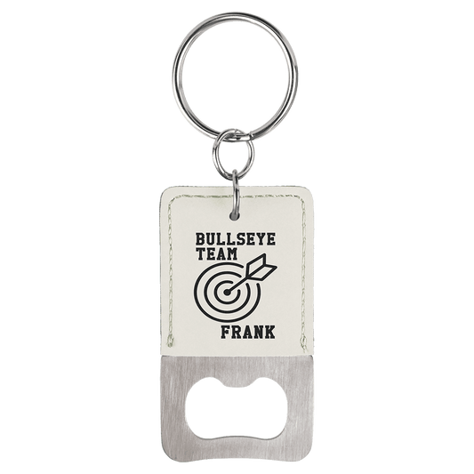 Rectangle White Laserable Leatherette Bottle Opener Keychain
