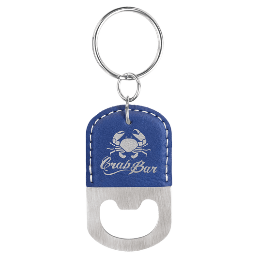 Oval Blue/Silver Laserable Leatherette Bottle Opener Keychain