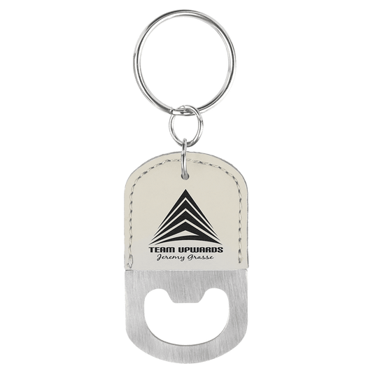 Oval White Engravable Leatherette Bottle Opener Keychain