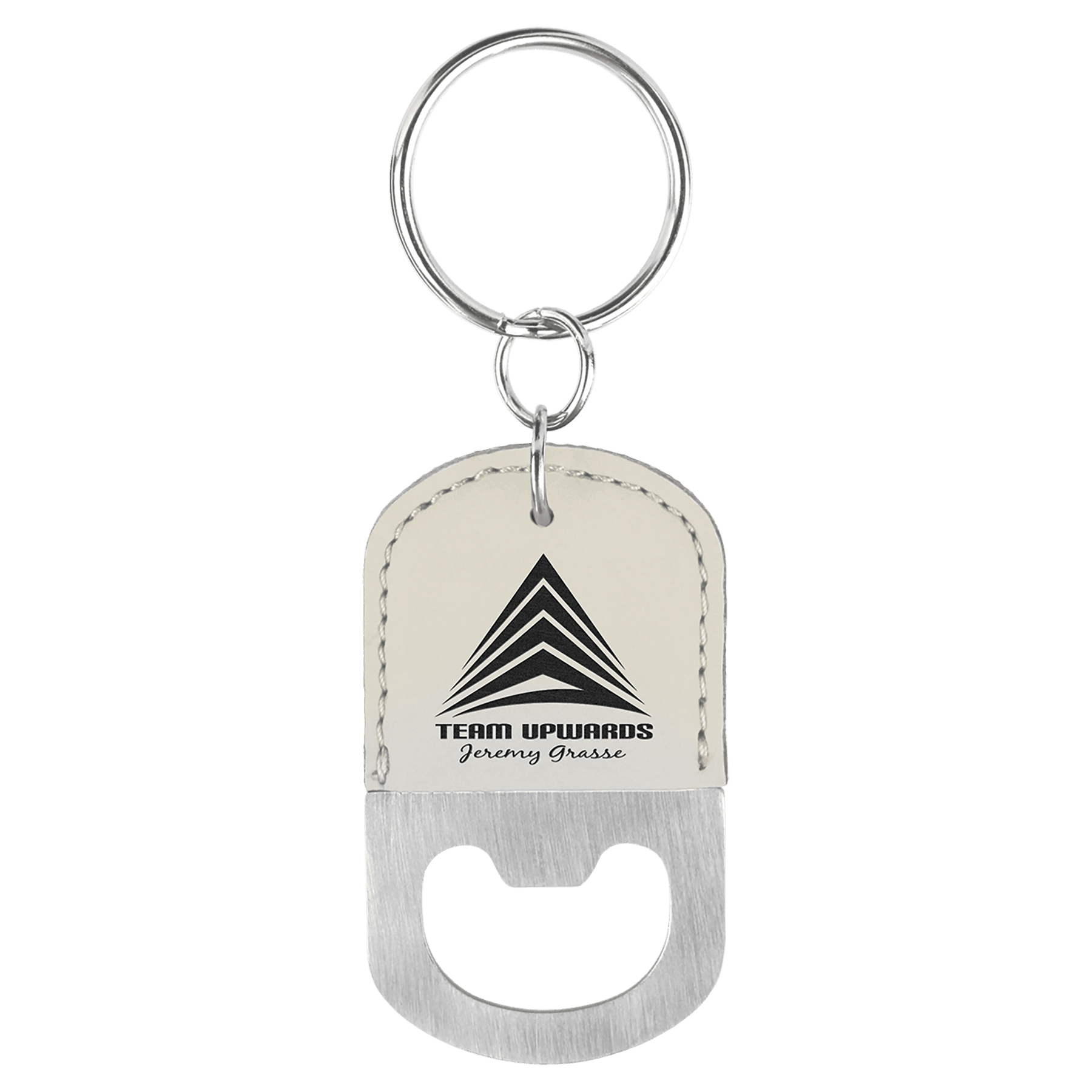 Oval White Laserable Leatherette Bottle Opener Keychain