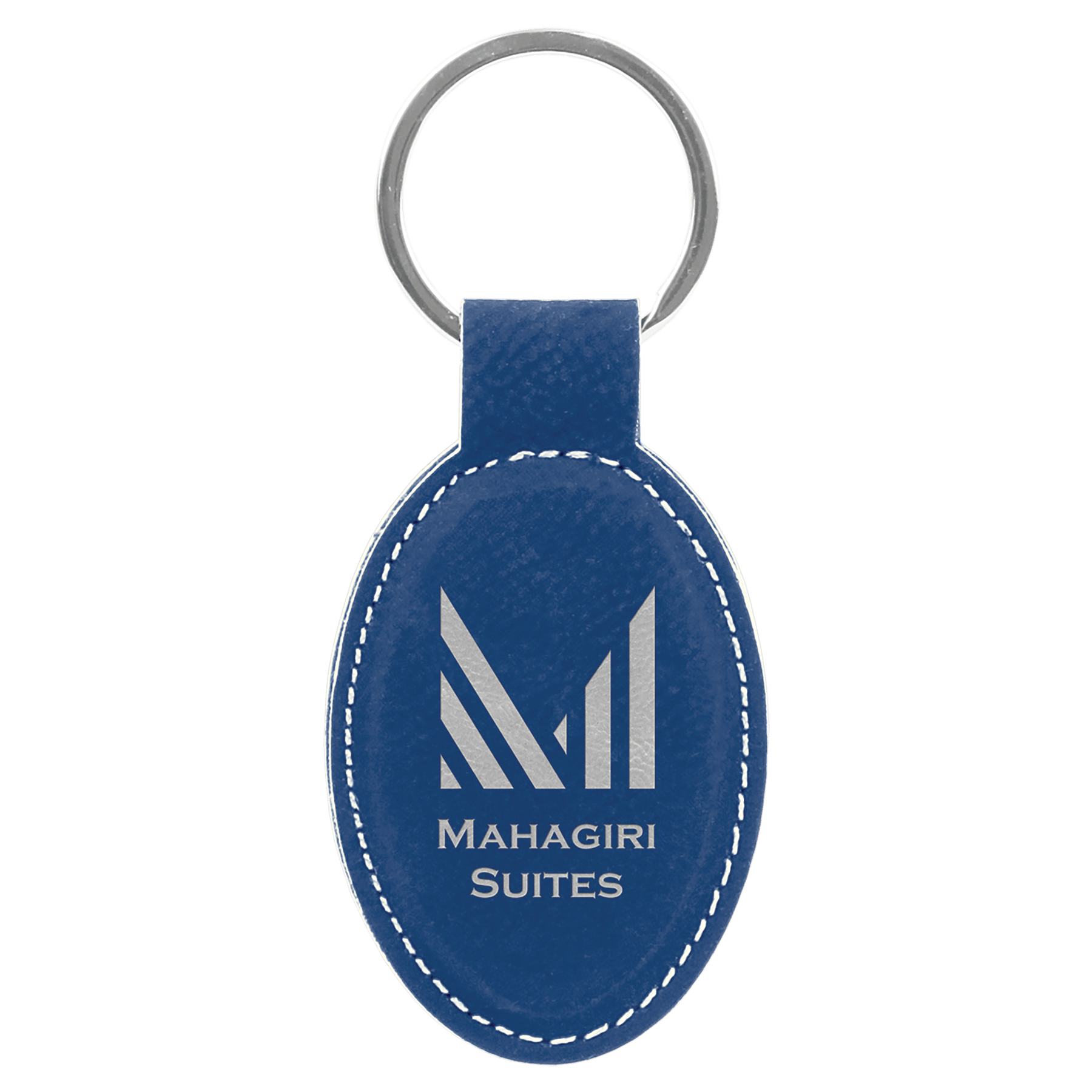 Blue/Silver Engravable Leatherette Oval Keychain - 3" x 1 3/4"